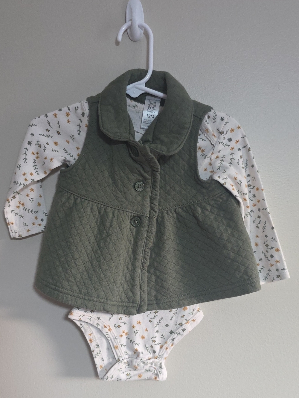 Carter's Olive Quilted Vest with White Floral Bodysuit